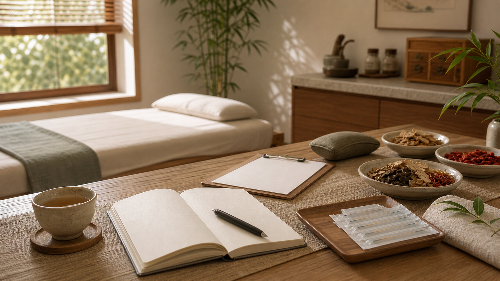 Consultation table with notes, herbs and unopened acupuncture supplies in a calm clinic room