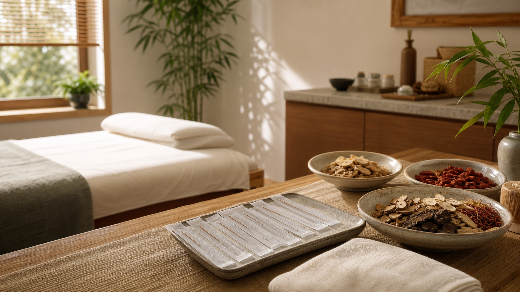 Calm Chinese Medicine treatment room with herbs and acupuncture supplies