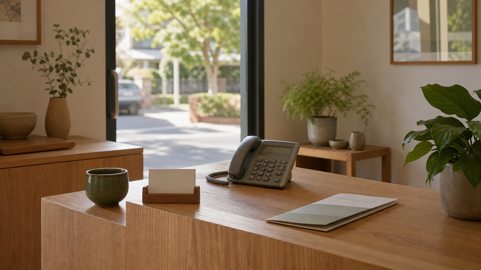 Calm clinic reception desk with phone, appointment card and street access beyond the entry