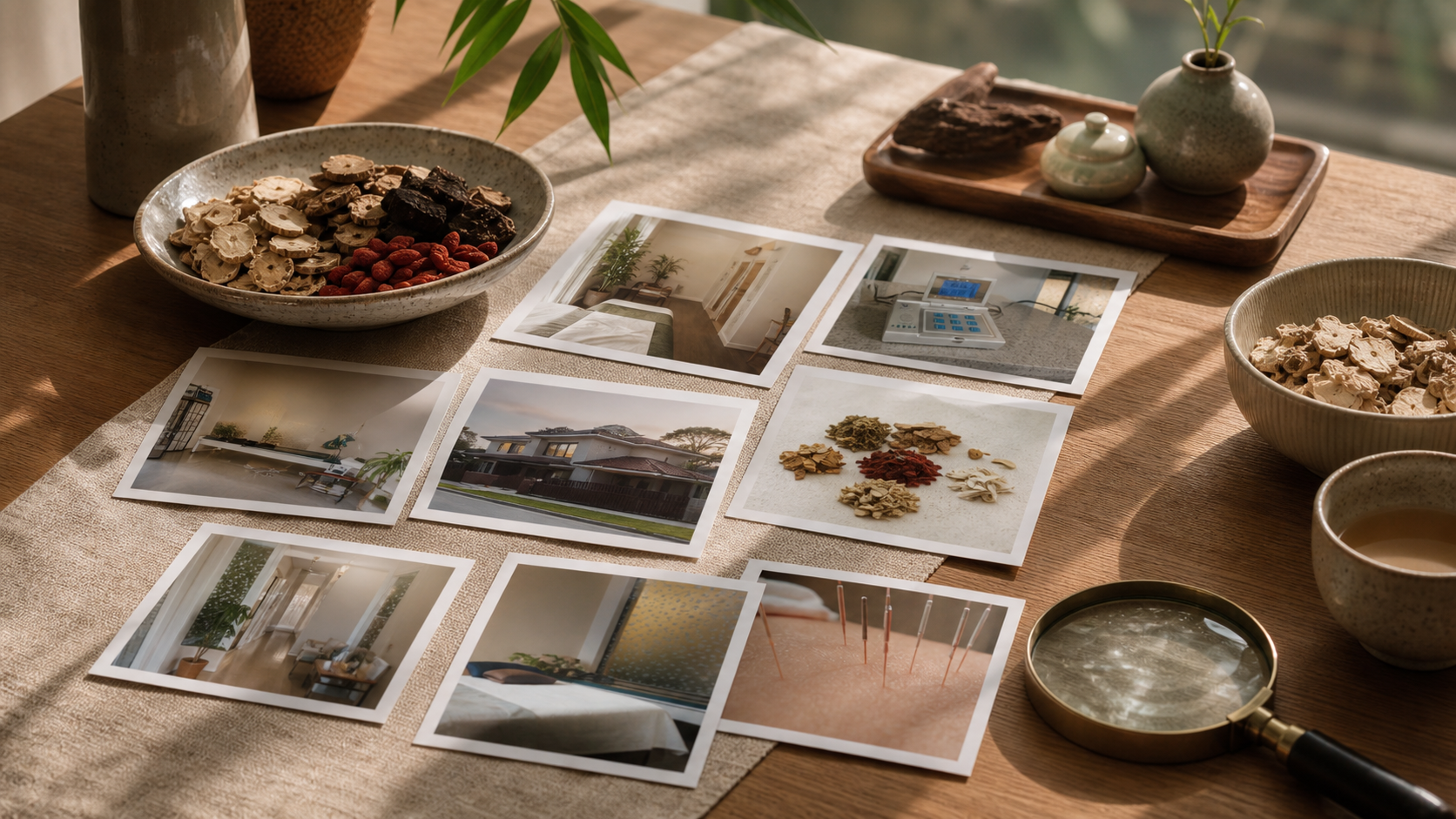 Printed clinic gallery photographs arranged with Chinese herbal medicine materials