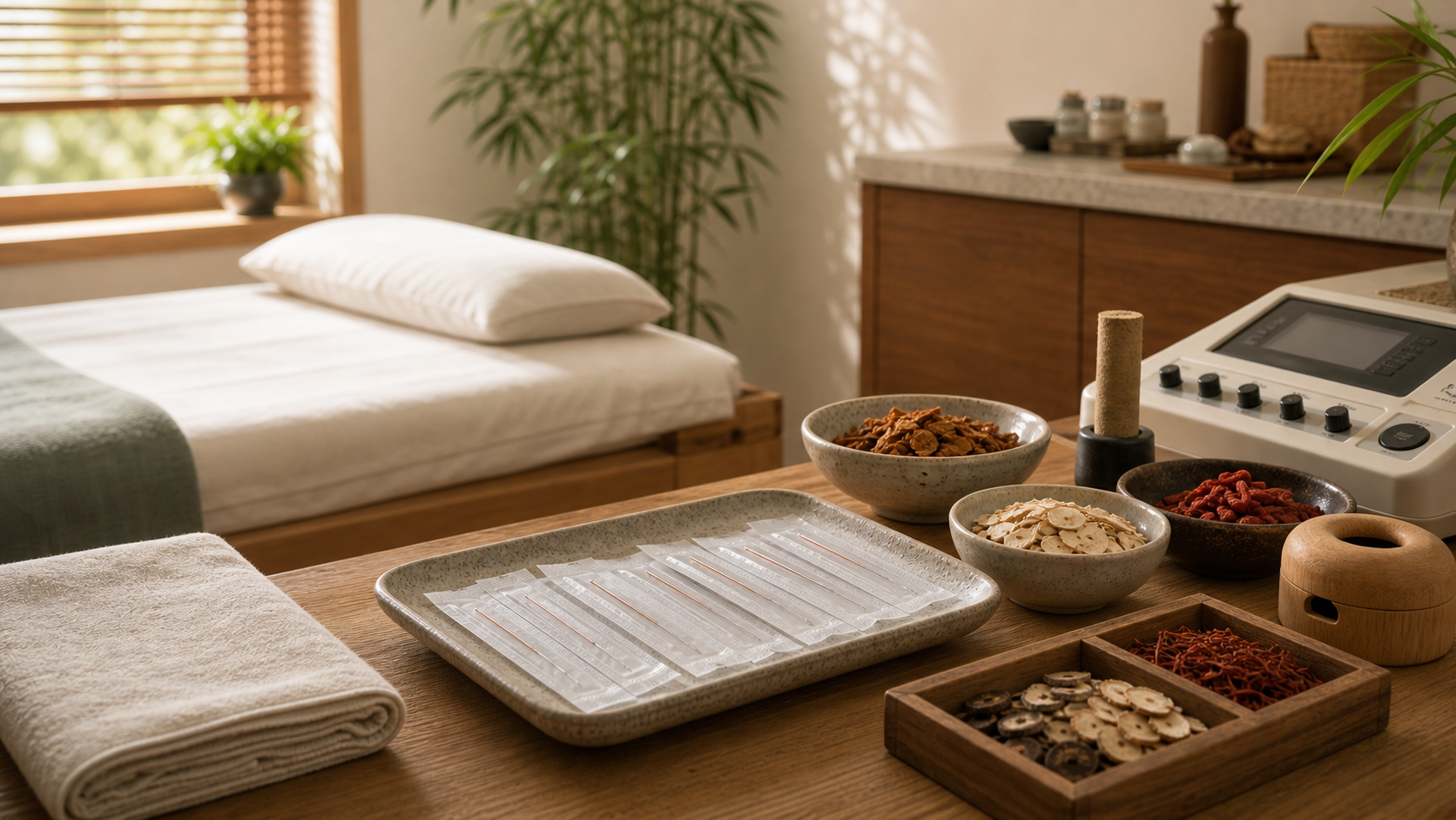 Chinese Medicine treatment tools, herbs and clinic equipment prepared in a calm treatment room